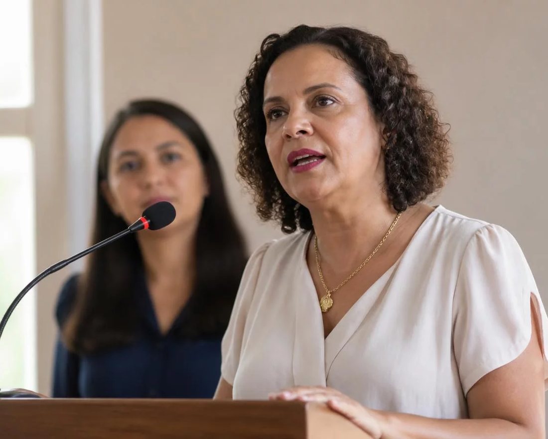 Participante ergue a mão para pedir a palavra numa mesa coberta de folhas anotadas